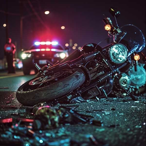motorcycle-accident-from-drinking-and-driving-with-broken-glass-on-the-road-and-cop-car-in-background